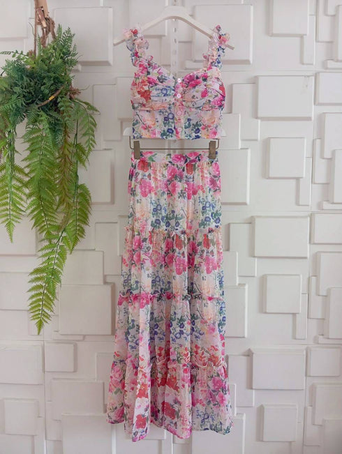 Summer Flower Crops Tops With Tiered Long Skirts